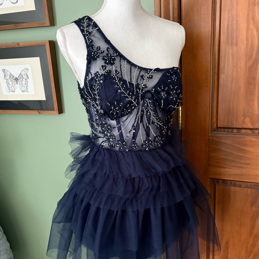 Navy Beaded Tulle Party Dress - Picture 1 of 5